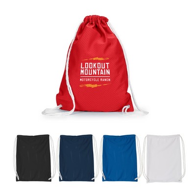 This drawstring bag features breathable jersey fabric & durable drawstring cords