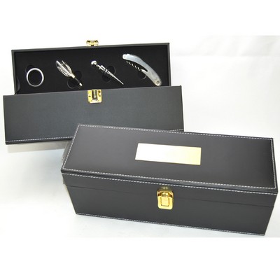 Single Bottle Faux Leather Wine Box with 4 pc Wine Set