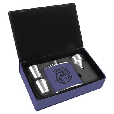 Stainless Teal Flask Gift Set in Purple Faux Leather Box, Engraved