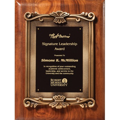 Walnut Piano Finish Plaque with Antique Bronze Metal Casting, 12"x15"