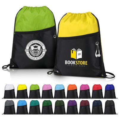 Two-Tone Drawstring Backpack With Front Zipper