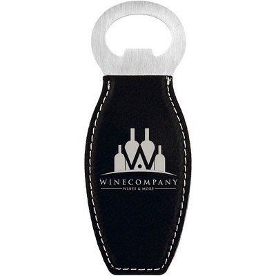 Black-Silver Leatherette Bottle Opener with Magnet, Laserable