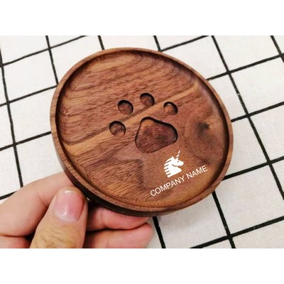 Round Black Walnut Wooden Cup Coaster With Paw