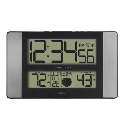 La Crosse® Atomic Digital Wall Clock w/Outdoor Sensor & Moon Phases (Aluminum Silver)