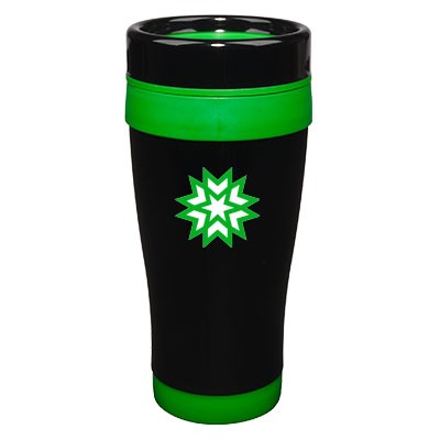 14 Oz. Formula Seven Stainless Steel Travel Mug with Black Lid And Green Accents