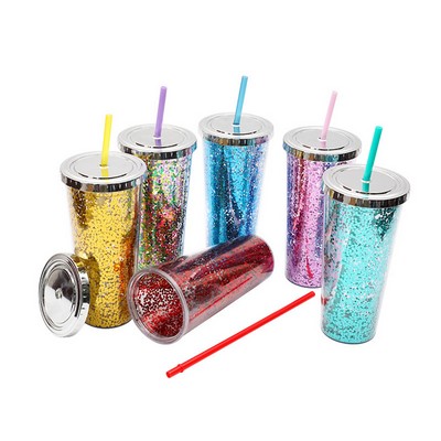 24 Oz. Double Wall Insulated Plastic Glitter Straw Mug