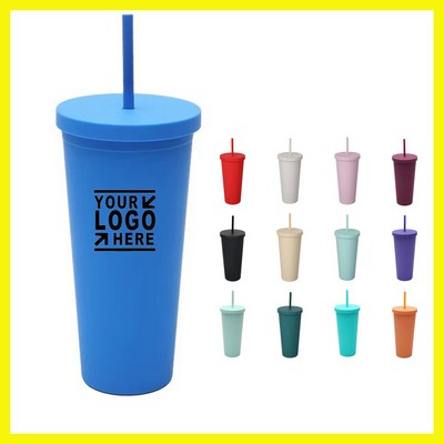 Custom 24oz Double Plastic Vacuum Insulated Travel Tumbler W/Straw