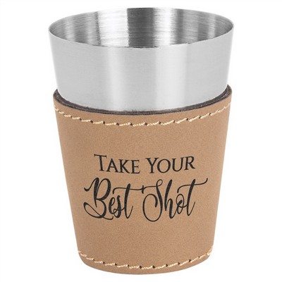 2 oz. Light Brown Laserable Leatherette & Stainless Steel Shot Glass