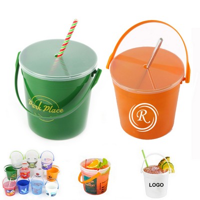 32 oz Plastic Drink Buckets with Lids & Straws