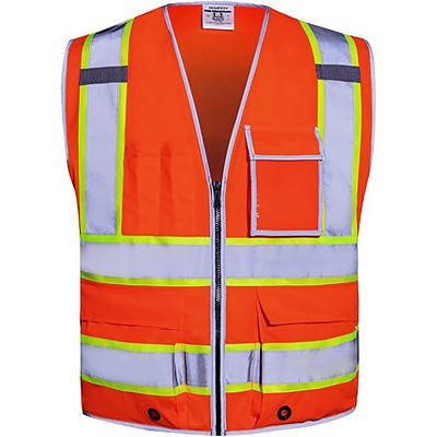 Class 2 High Visibility Safety Security Vest with Zipper & 10 Pockets