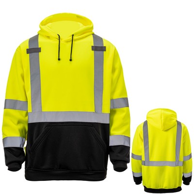 Hi Viz Class 3 Reflective Tape Safety Hoodie With Dual Mic Tabs & Kangaroo Pocket