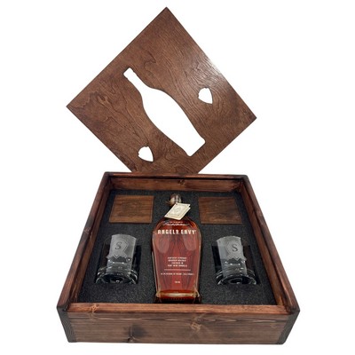 Wood Gift Box w/ Custom Lid. Etched Glass & Coaster Set (2)