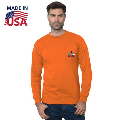 USA Union Made Pre-Shrunk Long Sleeve Pocket Crew Tee Shirt