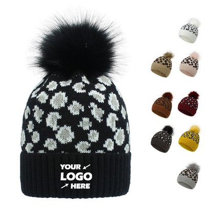 Leopard Knit Beanie With Fur Pom