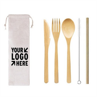 Reusable 5 Piece Bamboo Utensils Set In Canvas Travel Pouch