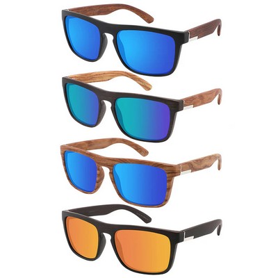 Assorted Mirror Frame Plastic Sunglasses Polarized Lens with Wood Print Frame