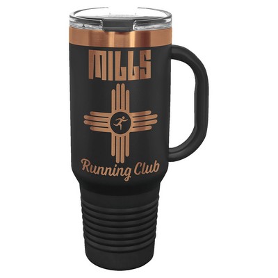 Polar Camel 40 oz. Black/Rose Gold ION-Plated Travel Mug with Handle, StrawIncluded