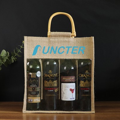 Eco-Friendly Burlap 4 Wine Bottle Bag w/ Cane Handle & Clear Window