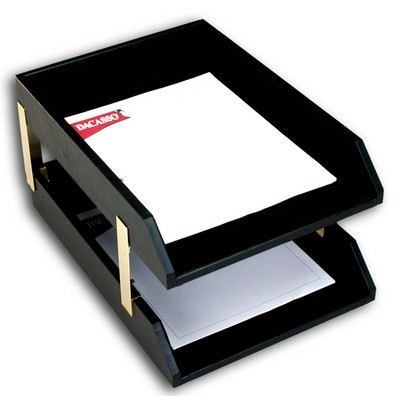 Classic Black Leather Double Front Load Legal Sized Letter Tray w/Gold Post