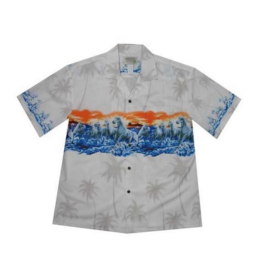 White Hawaiian Border Print Cotton Poplin Shirt w/ Button Front