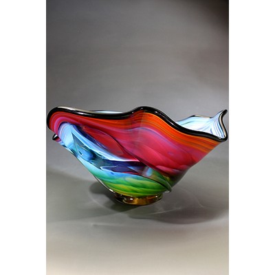 Four-Color Splash Art Glass Bowl w/ Marble Base (12"x9")