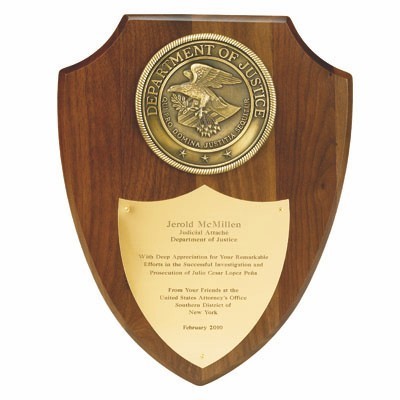 Walnut Veneer Plaque Shield w/4" Department of Justice Medallion (9½"x12")