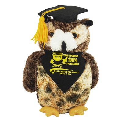 8" Osmond Owl Stuffed Animal w/Graduation Cap, Bandana & One Color Imprint