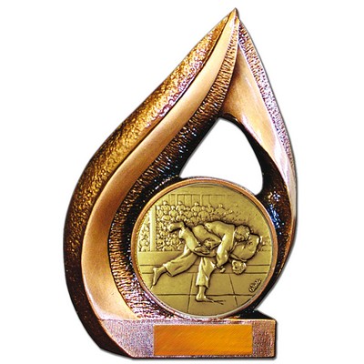 Stock 9" Flame Trophy with 2" Judo Coin and Engraving Plate