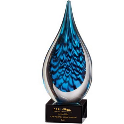 Blue and Black Tear Drop Art Glass on Black Glass Base, 10"