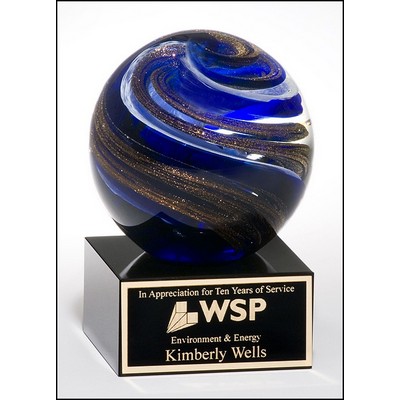 Art Glass Globe Award w/Blue, White & Metallic Gold Highlights On Black Glass Base