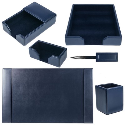 Bonded Leather Navy Blue Desk Set (6 Piece)