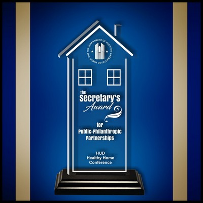 8" Tall House Clear Acrylic Award with a Black Wood Base