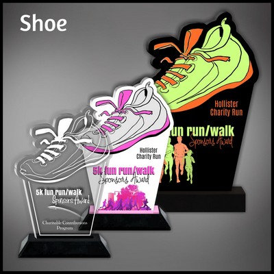 7" Shoe Riser Clear Acrylic Award in a Black Wood Base