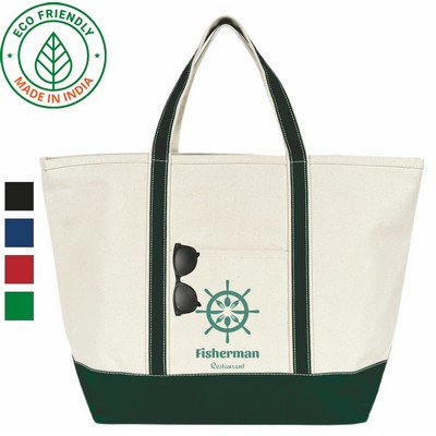 20 oz Cotton Canvas Boat Bag Green Trim - Eco Friendly Anchor Zipper Top Tote - 24 x 15 x 8.5