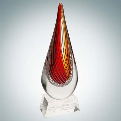 Art Glass Red Orange Narrow Teardrop Award w/Clear Base