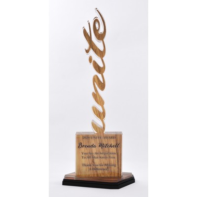 Vertical word on 3 tier asymmetric base with full color imprint. Overall size 12" tall.