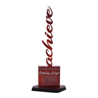 Vertical word on 3 tier asymmetric base with full color imprint. Overall size 12" tall.