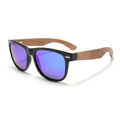 Walnut Wood Sunglasses - Blue Mirror Lenses, Black Frames