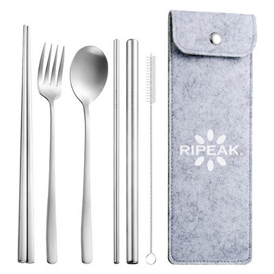 6-Piece 304 Stainless Steel Flatware Spoon Chopsticks Fork Straw Tableware Set W/Felt Bag