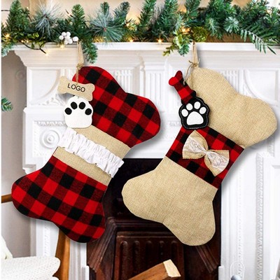 Pet Dog Christmas Stockings, Burlap Plaid Large Bone Shape Pets Stockings