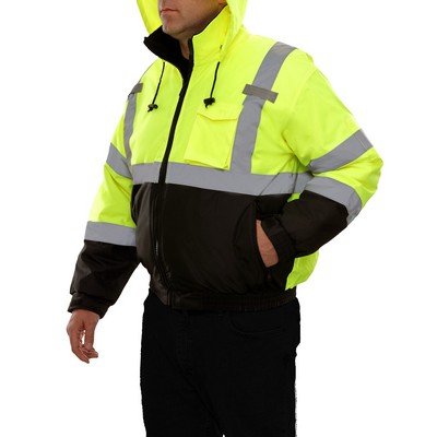 2-Tone Waterproof Bomber Jacket w/Hidden Hood- Fluorescent Yellow-Green