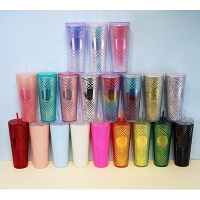 24 Oz. Shiny Diamond Studded Tumbler With Lid and Straw