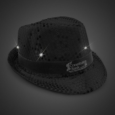 Black Sequin Light Up Fedora Hat w/Silk Screened Black Band