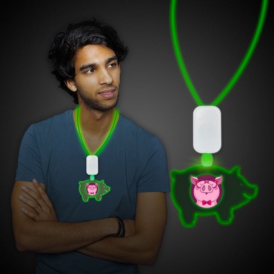 Green Clear Plastic Digi-Printed Necklace w/Pig Medallion