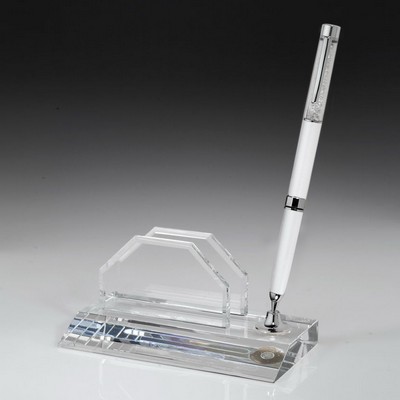 Crystal Business card holder Pen Set w/ White Diamond Ballpoint Pen