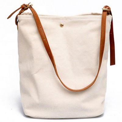 Women's Casual Canvas Tote Shoulder Bag With Brown Leather Handle