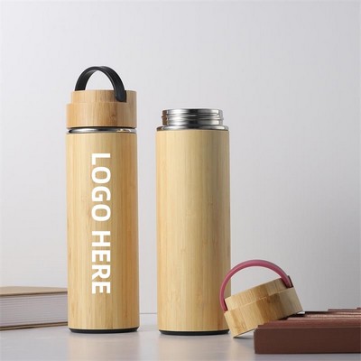 15 oz Vacuum-Sealed Bamboo Water Bottle with Metal Handle