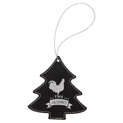 Black/Silver Laserable Leatherette Tree Ornament with Silver String