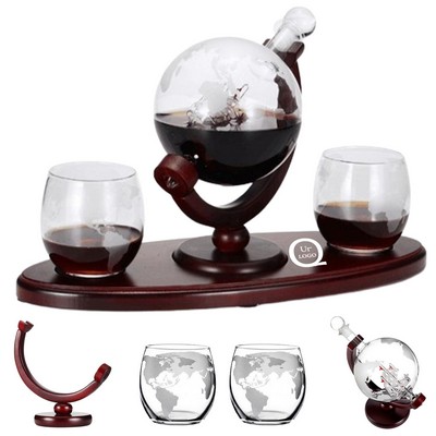 27 Oz Globe Decanter W/ Wooden Tray And Glasses