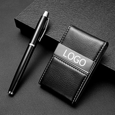 Executive Metal PU Leather Business Card Holder Pen Gift Set